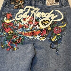 Ed Hardy Jeans‎ Womens 30x32 Blue Baggy Tattoo Koi Fish Design Denim NWT